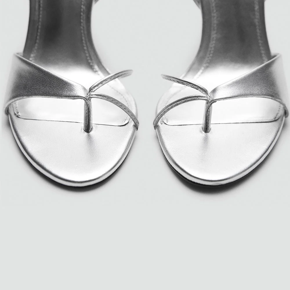 Silver Round Toe Stiletto High Heel Flip Flop Summer Sandals