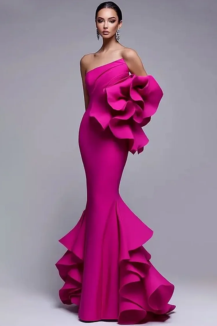 Ruffle Stereo Floral Fishtail Maxi Dress-Magenta [Custom-Made]