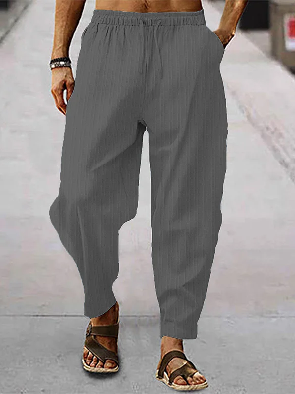 Men's Casual Plain Textured Slant Pocket Elastic Drawstring Waist Cotton Linen Pants