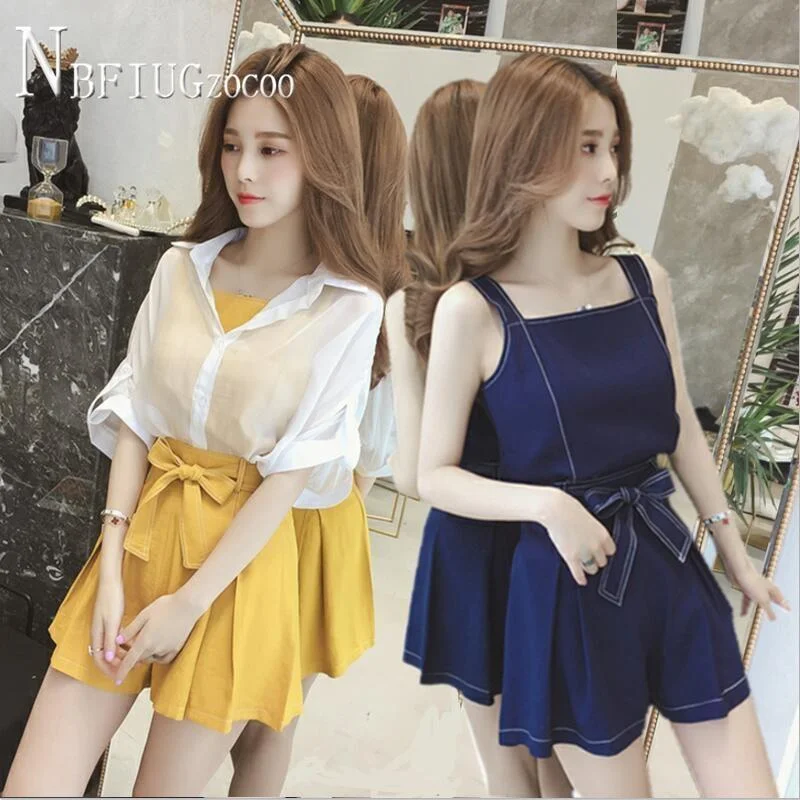 Fashion Wide Leg Shorts Camisole And Chiffon Coat Women Sets Casual Female Sets