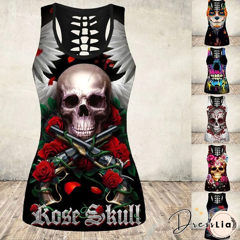 New Women's Skull Print Cut Out Back Tank Top Gothic Sleeveless Shirt Tops