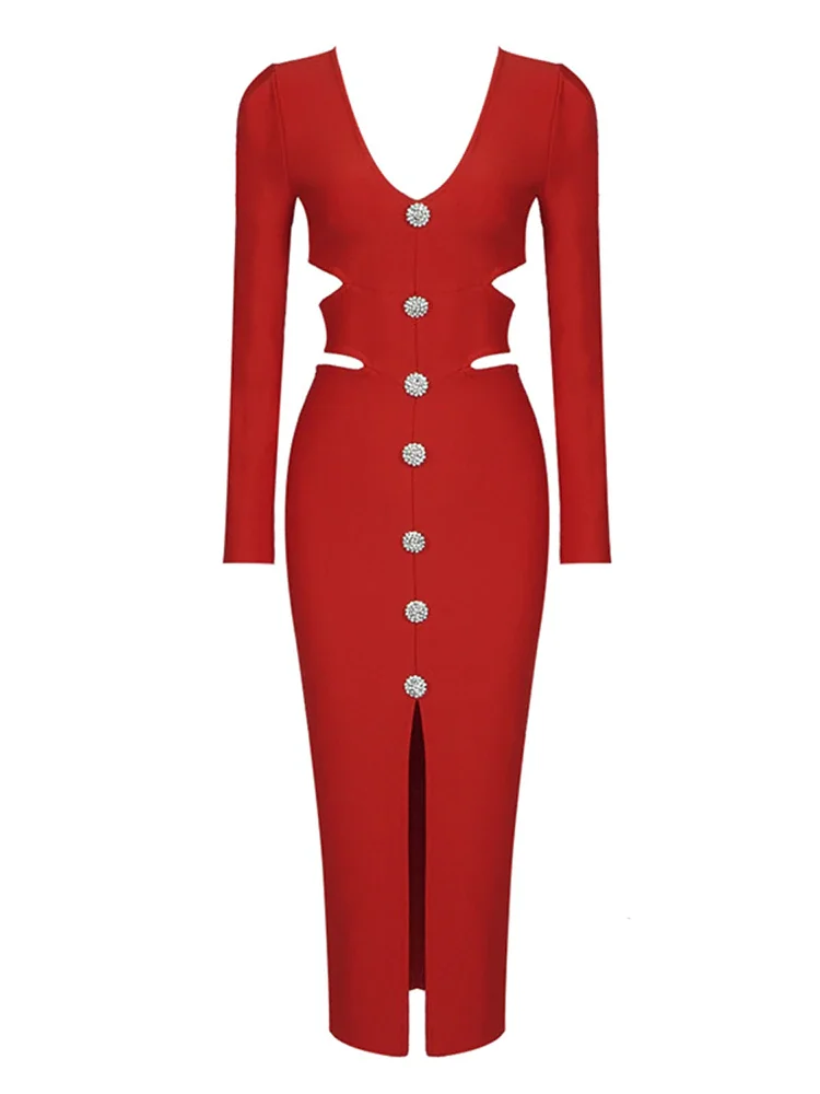 2023 Winter Long Sleeve Maxi Bandage Dress   White V-Neck Hollow Out Diamond Button Dress Evening Club Celebrity Party Dress