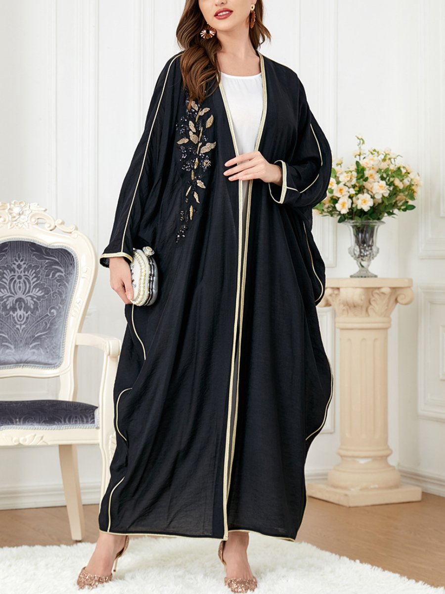 Leaf Embroidery Bat Sleeve Loose Round Neck Gown | Oxredo Shop Ramadan Sale