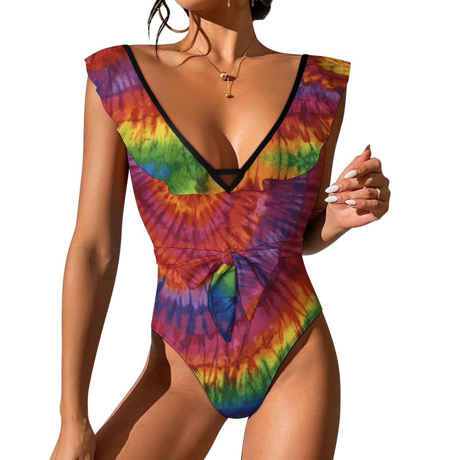 Women's Spiral Rainbow One Piece Swimsuits Sexy V Neck Bathing Suit