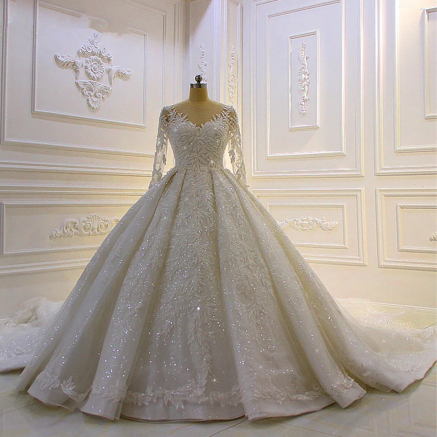 Gorgeous Ball Gown Beading Church Train Sleeves Long Wedding Dress With Lace Appliques | Ballbellas Ballbellas