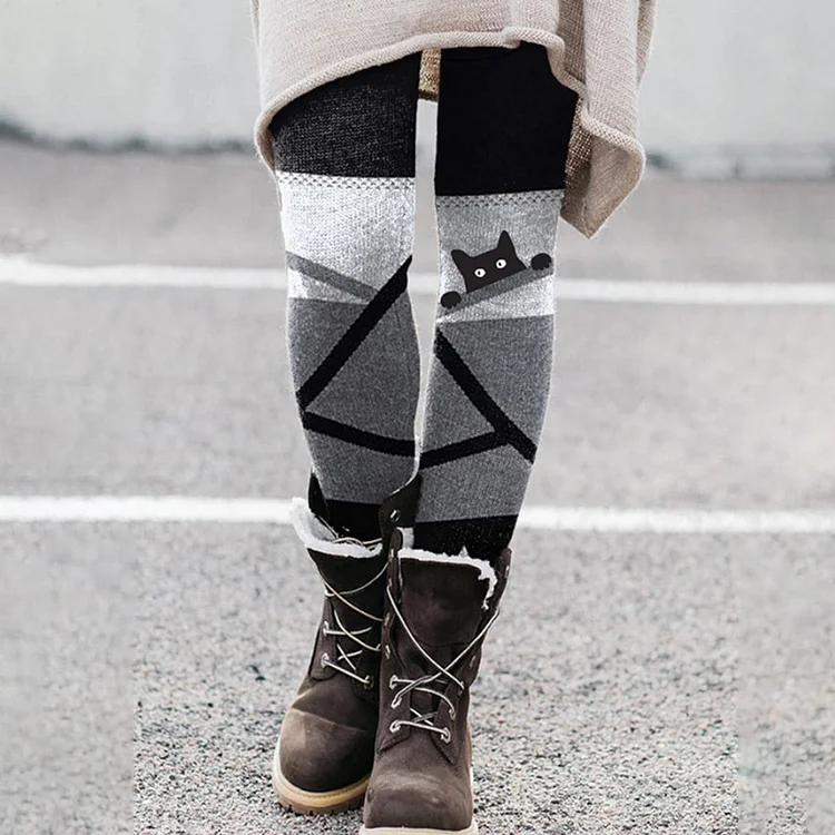 Contrast Panel Cat Print Casual Leggings