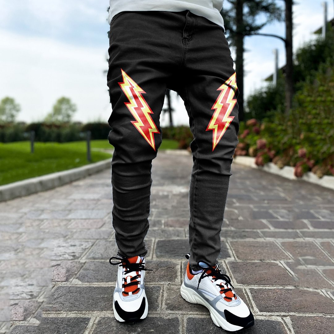 Lightning pattern street style slim leggy jeans trousers