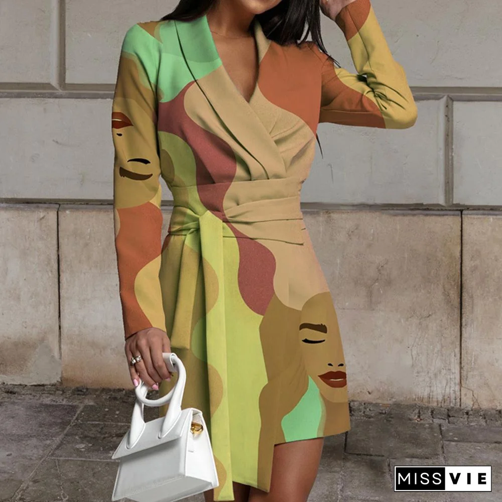 Autumn New Retro Face Art Print Suit Dress Fashion Office Lady Slim Tie-Up Mini Dress Women Chic Colorful Pattern Dress Vestido