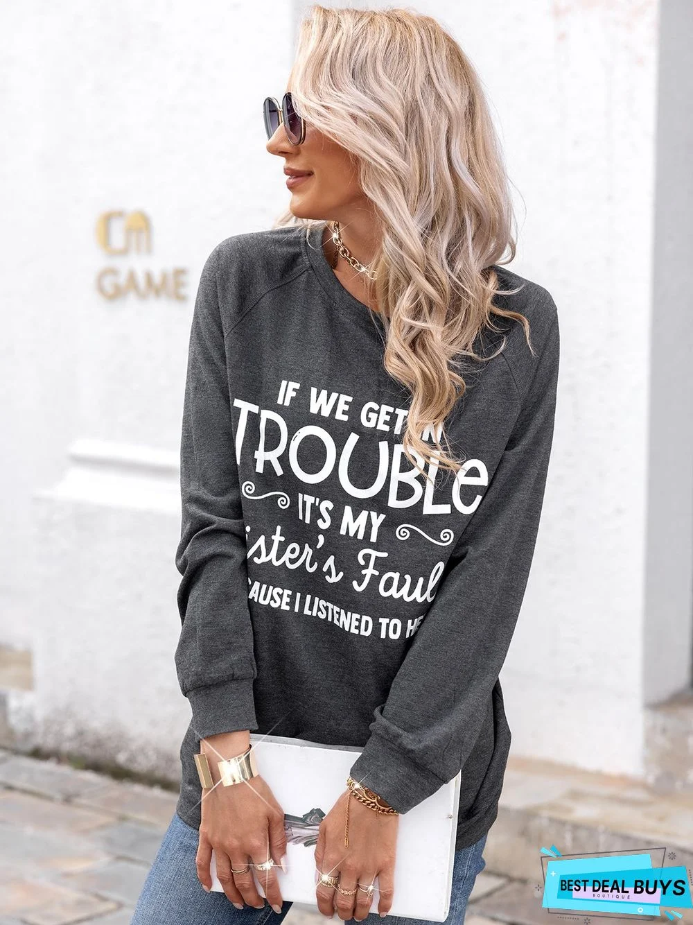 Casual Long Sleeve Round Neck Printed Top Sweatshirt