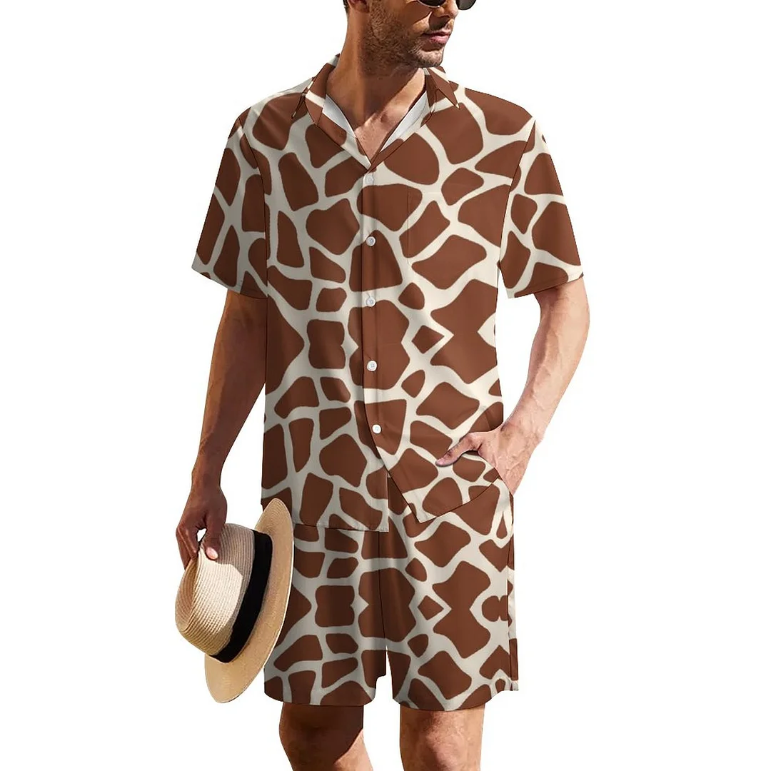Summer Giraffe Print Button Down Hawaiian Outfit Sets Mens Printed Aloha Shirt and Shorts Suits for Vacation
