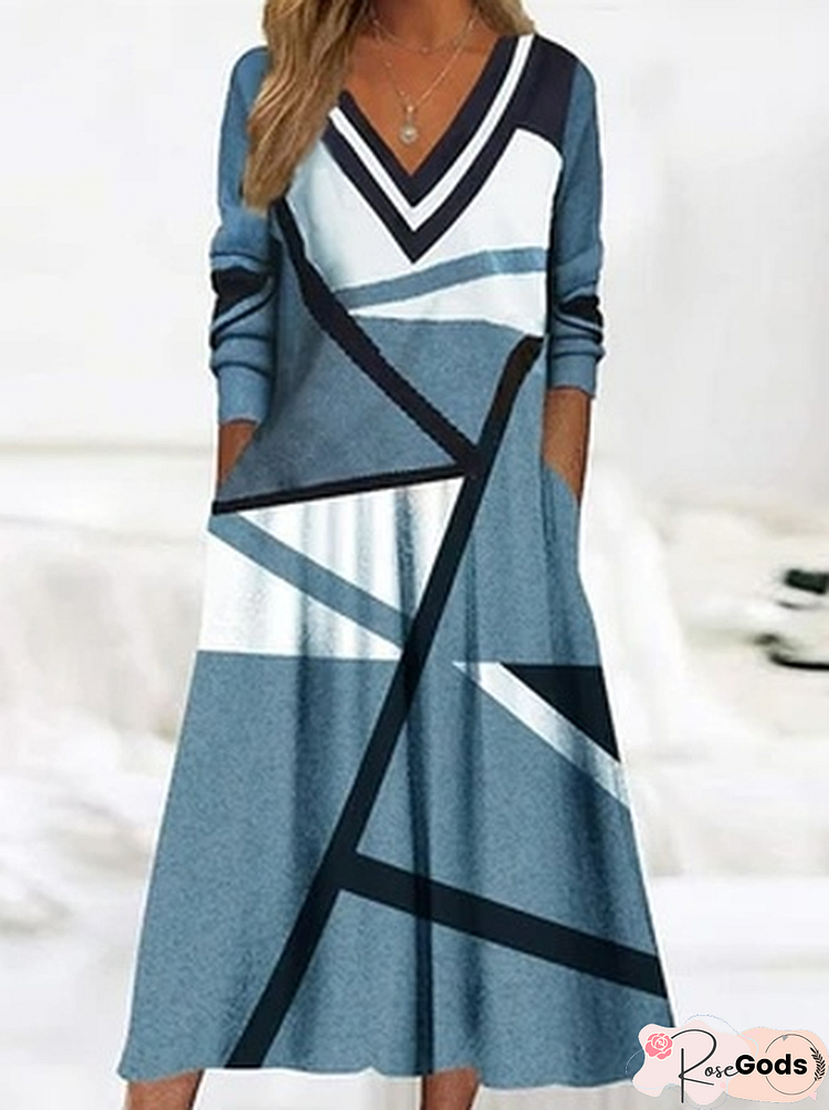 Jersey Geometric V Neck Dresses