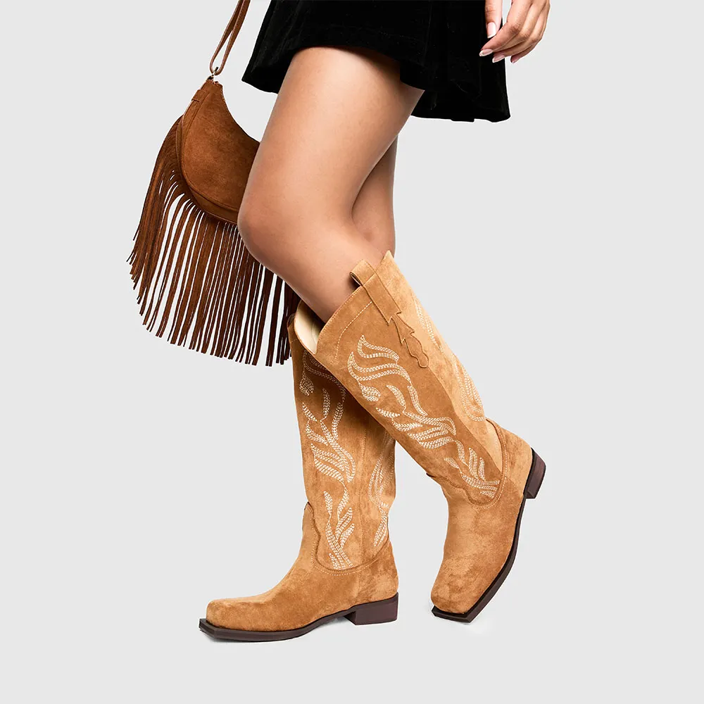 Brown Square Toe Chunky Heel Embroidered Cowboy Boots for Women