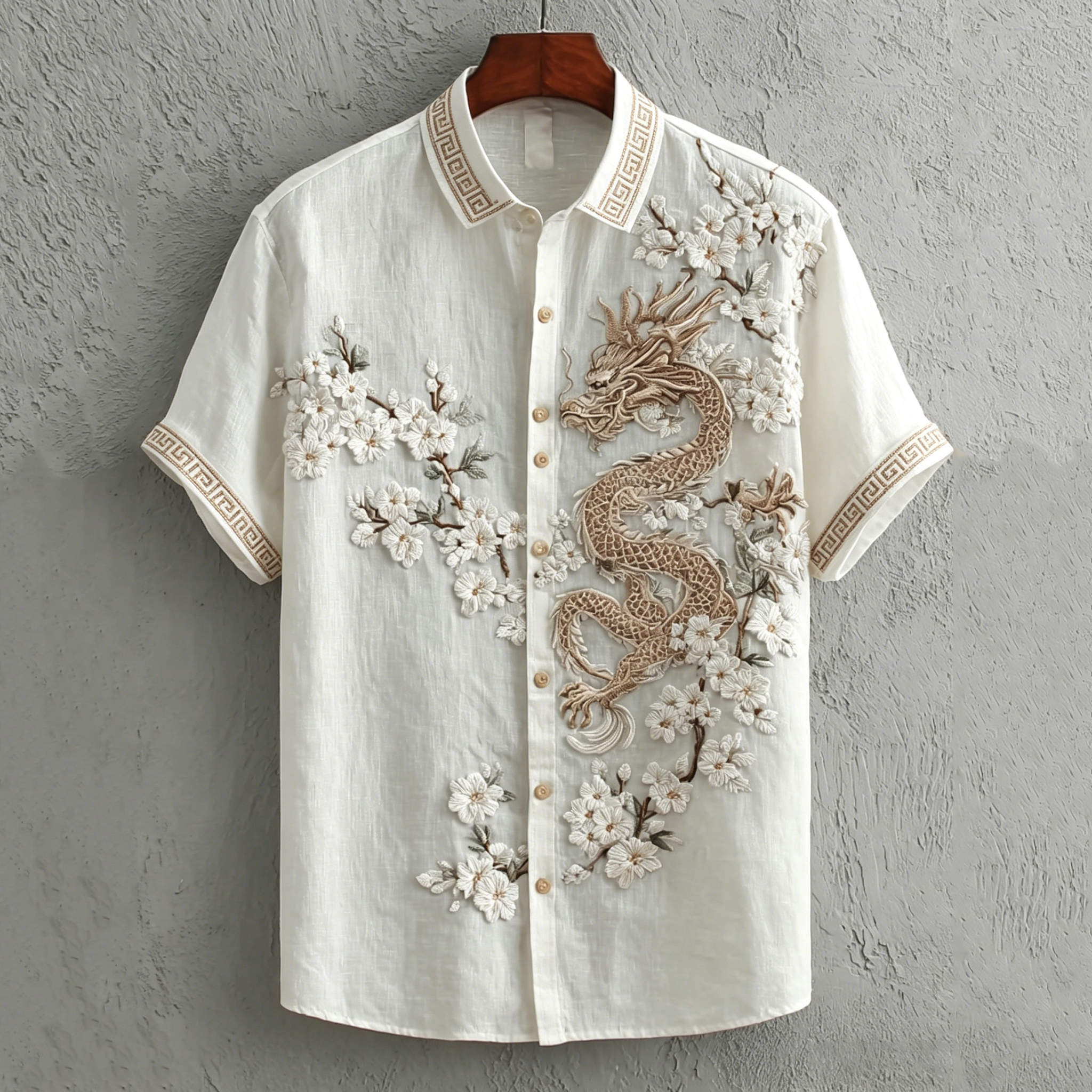 Men's Japanese Dragon & Cherry Blossom Art Linen Shirt elevenforest