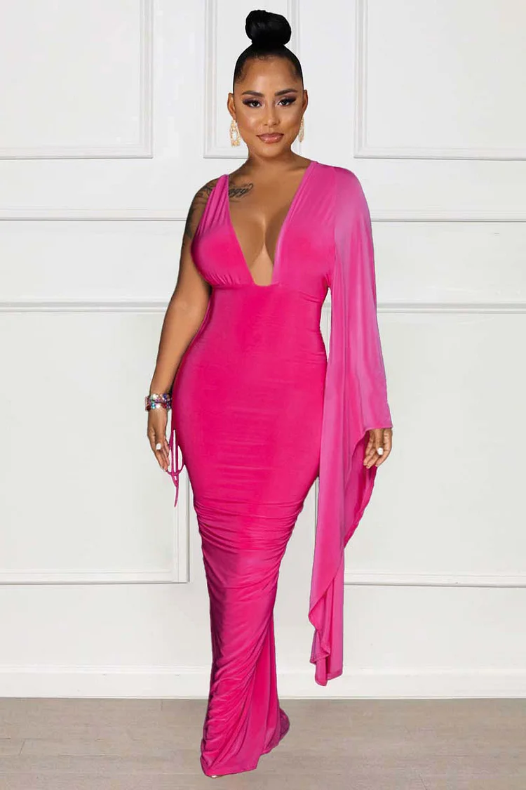 Deep V Neck Single Long Sleeve Ruched Bodycon Gowns Maxi Dresses