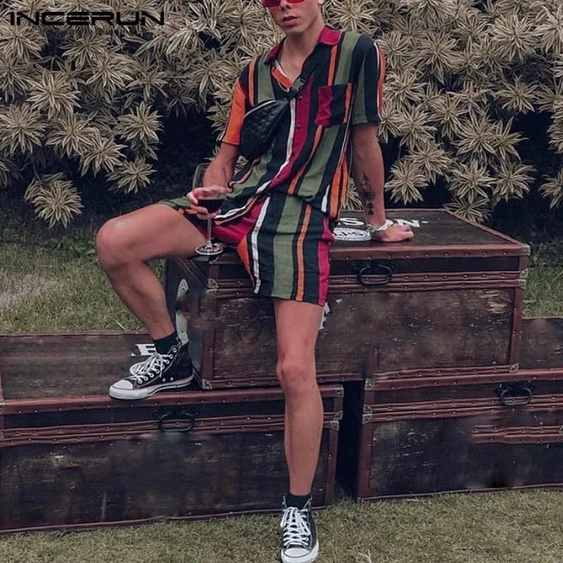 INCERUN Fashion Printed Men Sets 2022 Short Sleeve Lapel Shirt Casual Shorts Streetwear Summer Beach Men Hawaiian Suit 2 Pieces