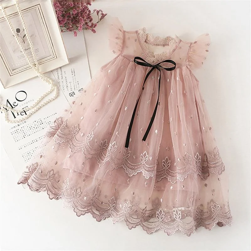 Baby Girl Flower Mesh Embroidery Princess Tutu Dress Children Hollow Out Elegent Wedding Gown Dress For Kids Party Wear Vestidos
