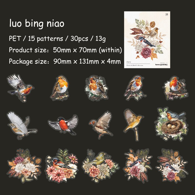 Journalsay 30 Sheets Vintage Watercolor PET Birds Journal Sticker