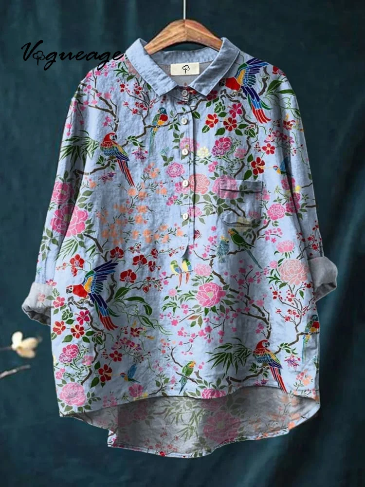 Vintage Lovely Birds Floral Art Print Casual Cotton And Linen Shirt