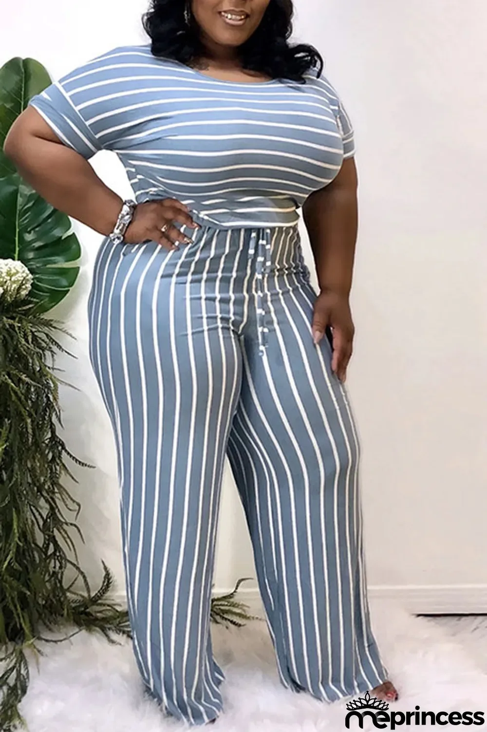 Grey Polyester Sexy Striped Print Stripe Plus Size