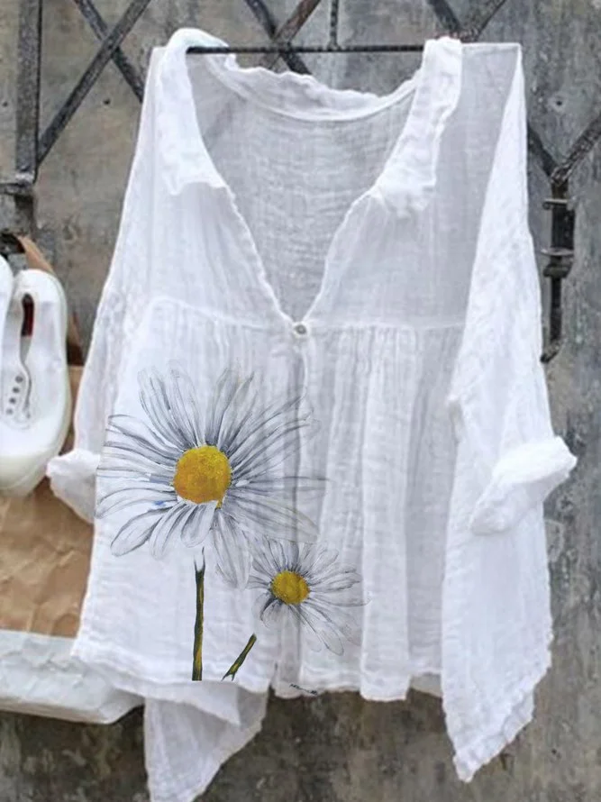 White Casual Long Sleeve Shirt Collar Shirts & Tops