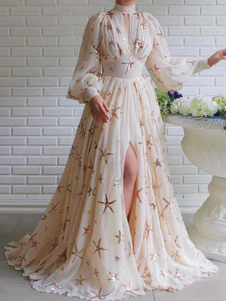 High Neck Cutout Sequin Slit Lantern Sleeve Pleated Maxi Dress
