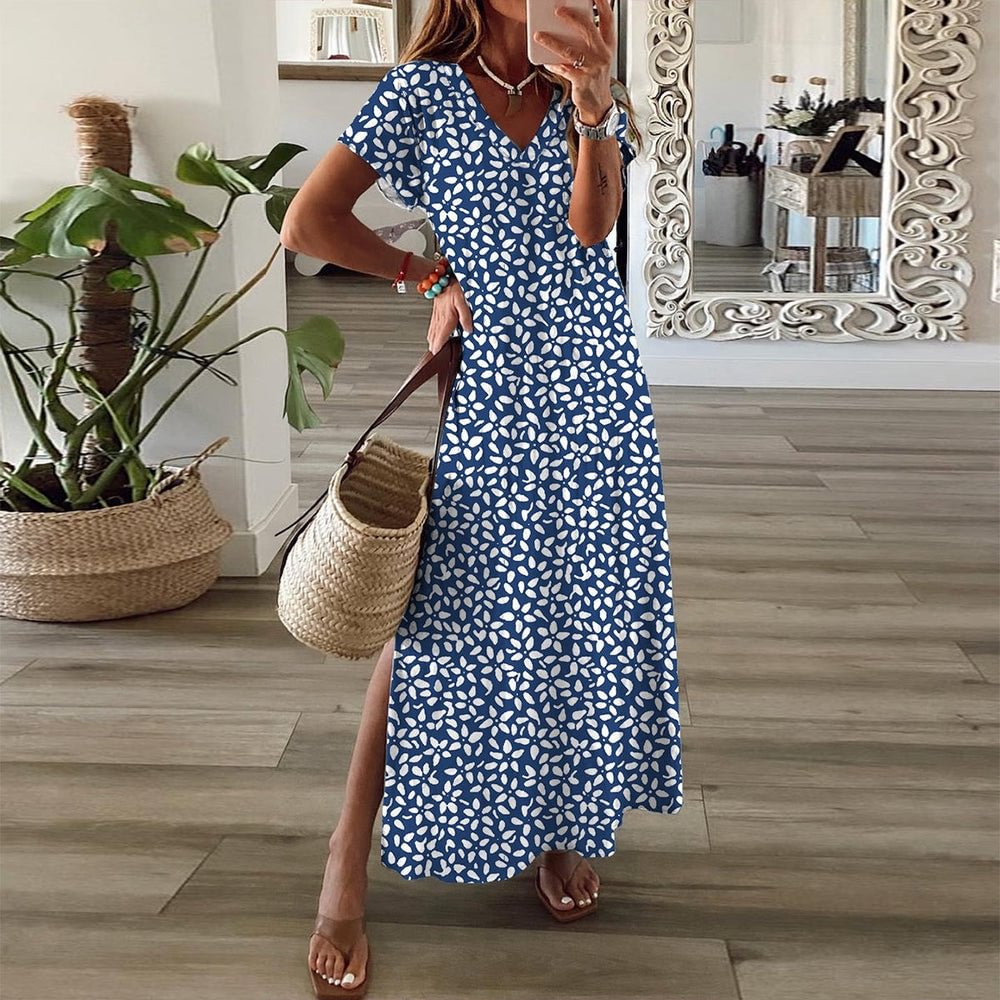 Glamorous Short Sleeve Blue Print Maxi Dress