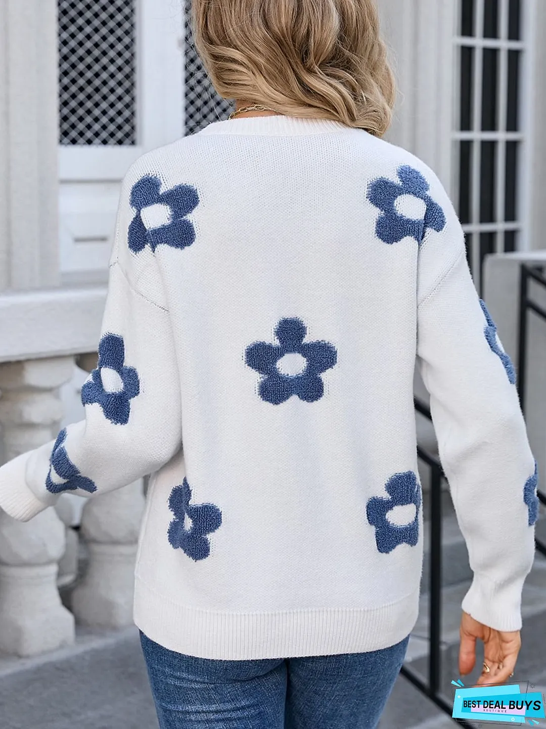 Flower Round Neck Long Sleeve Sweater