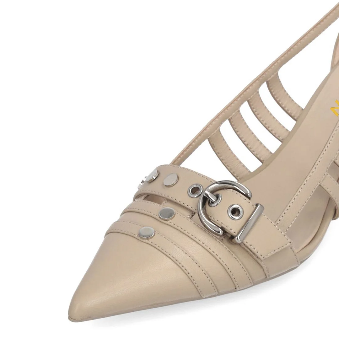 Light Beige Cut-Out Pointed Toe Buckle Strap Kitten Heel Pumps