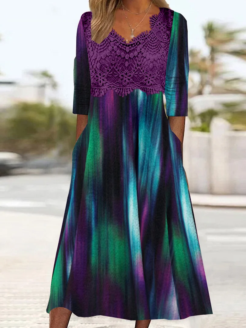 Women's Long Sleeve V-neck Graphic Printed Lace Stitching Midi Dress