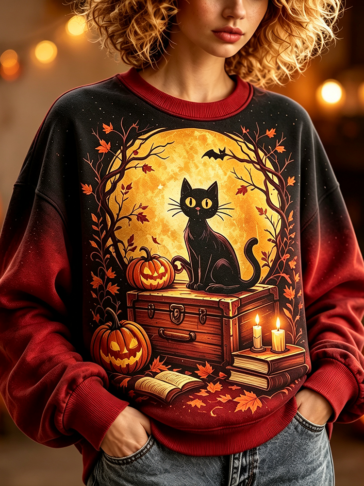 Comstylish Women's Halloween Black Cat & Jack-o'-lantern Graphic Sweatshirt - Full Moon Scene