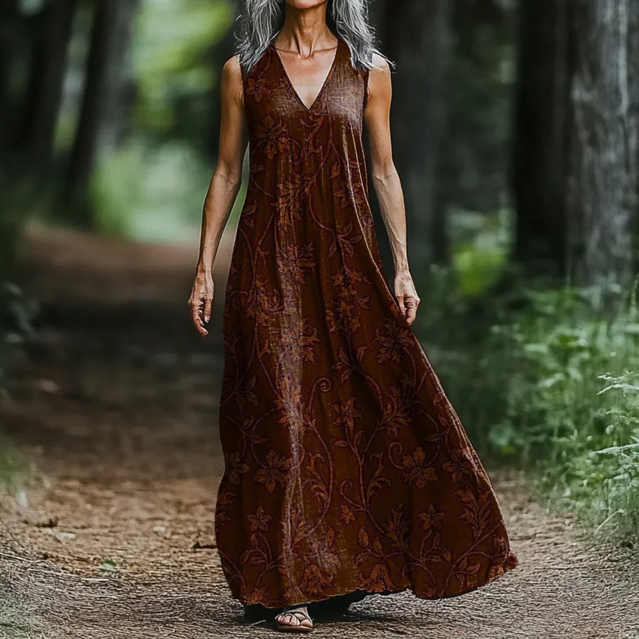 Women's Floral Folk Art Pattern Print V-neck Sleeveless Pocket Cotton Dress