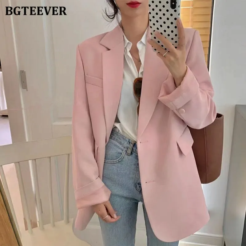 BGTEEVER New Spring Autumn Loose  Women Jacket Blazer Casual Notched Collar Long Sleeve Female Jackets 2021 Ladies Suit Coats