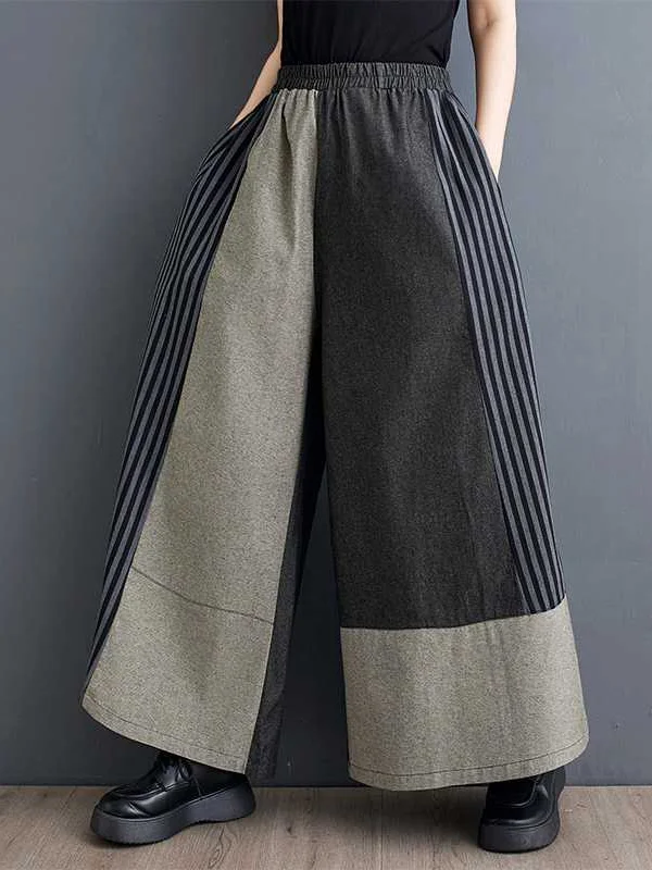 Elasticity Pockets Split-Joint Striped High Waisted Loose Trousers Pants