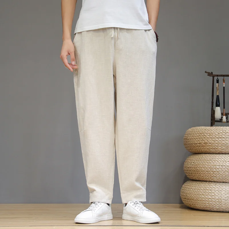 Toloer Vintage Plus Size Pants Men Cotton Linen Casual Pants Loose Plus Size Small Feet Harun Pants Solid Color Linen Trousers Men-Outfit Ideas