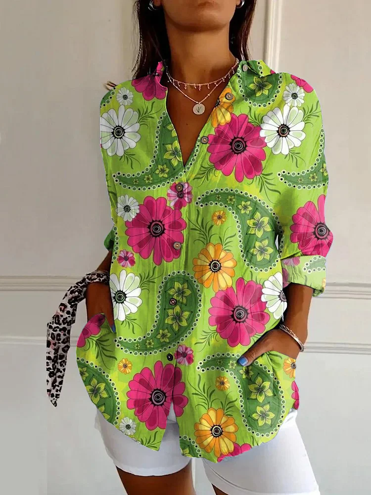 Vintage Holiday Paisley Floral Print Casual Long Sleeve Shirt