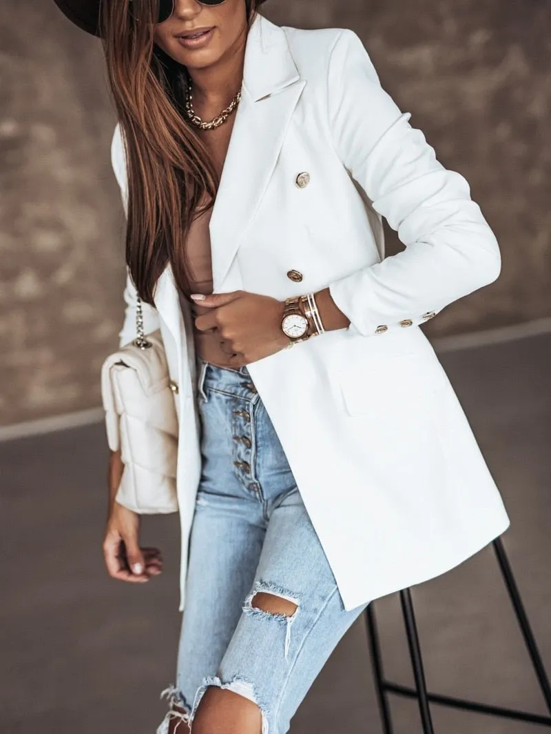 Autumn Winter 2021 New Women Fashion White Black Blazers and Jackets Chic Button Office Suit Coat Ladies Elegant Outwear 17880