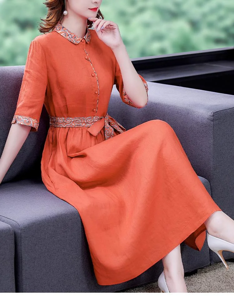 Elegant mid-length cotton and linen dress