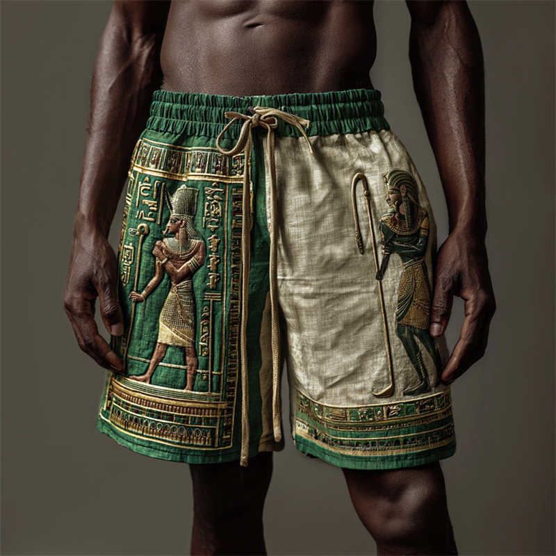 Comstylish Osiris Ancient Egyptian Runes Embroidered Contrast Linen Shorts