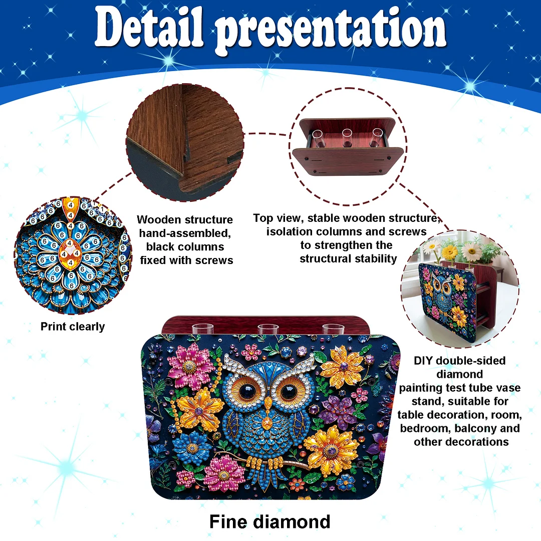 Owl DIY Flower Vase Wooden Double Sided Desktop Diamond Art Kit for Home Decor