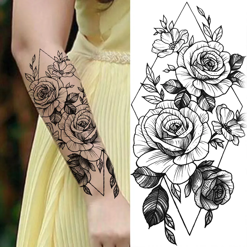 Sdrawing Sunflower Butterfly Temporary Tattoos For Women Adult Rose Flower Moon Fake Tattoo Arm Body Art Decoration Tatoo Paper