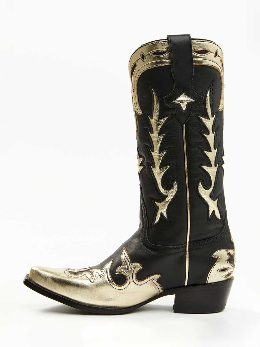 Black & Gold Snip Toe Inlay Detail Embroidered Mid-Calf Cowgirl Boots