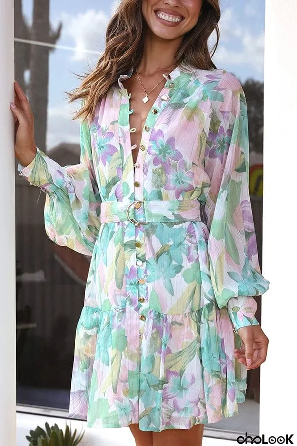 Forgotten Paradise Floral Button Up Adjustable Belt Mini Dress