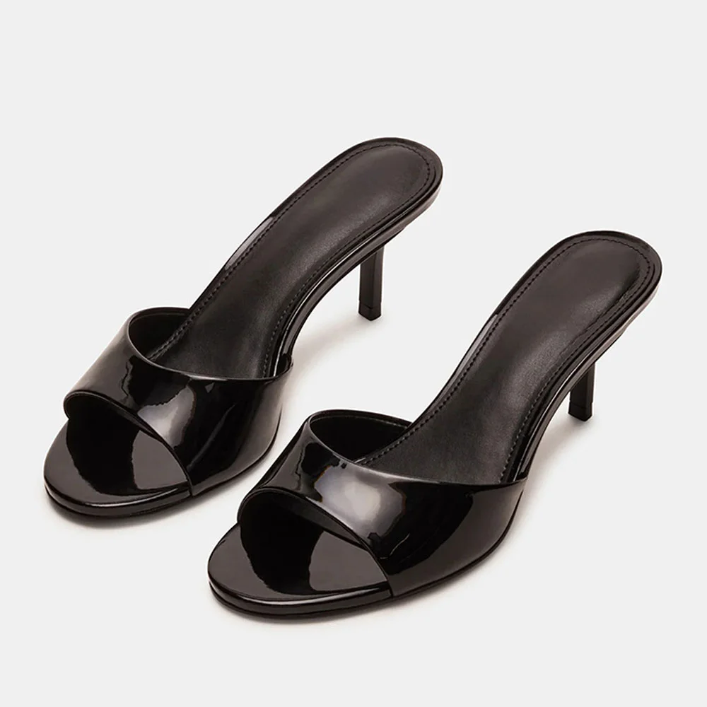 Classic Black Open Round Toe Stiletto Heel Slip On Mules Shoes