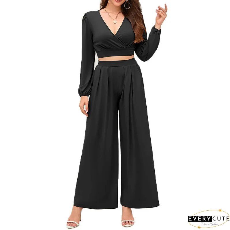 Plus Size Women V-neck long-sleeved Top and high-waisted loose wide-leg pants two-piece set