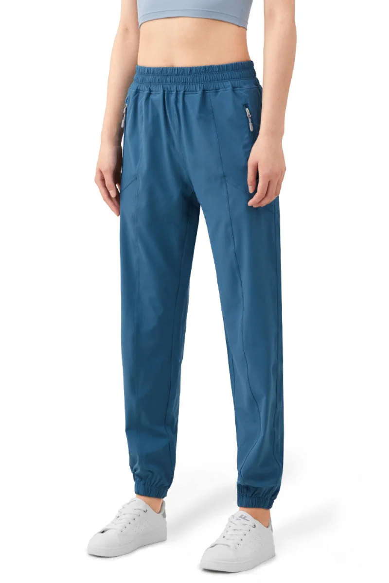 High Waisted Elastic Waistband Zipper Pocket Plain Casual Pants