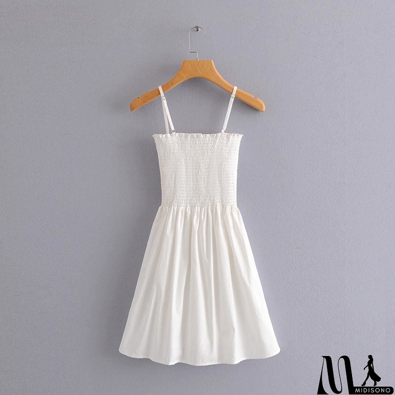 MidiSono - Front-breasted White Elastic Waist Sling Strap Dress