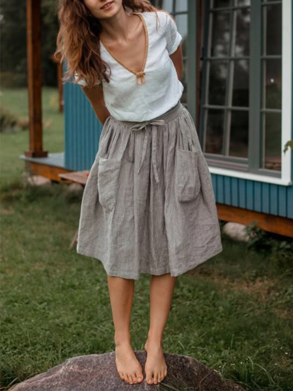 Striped Cotton And Linen Skirt hjn Shicloths