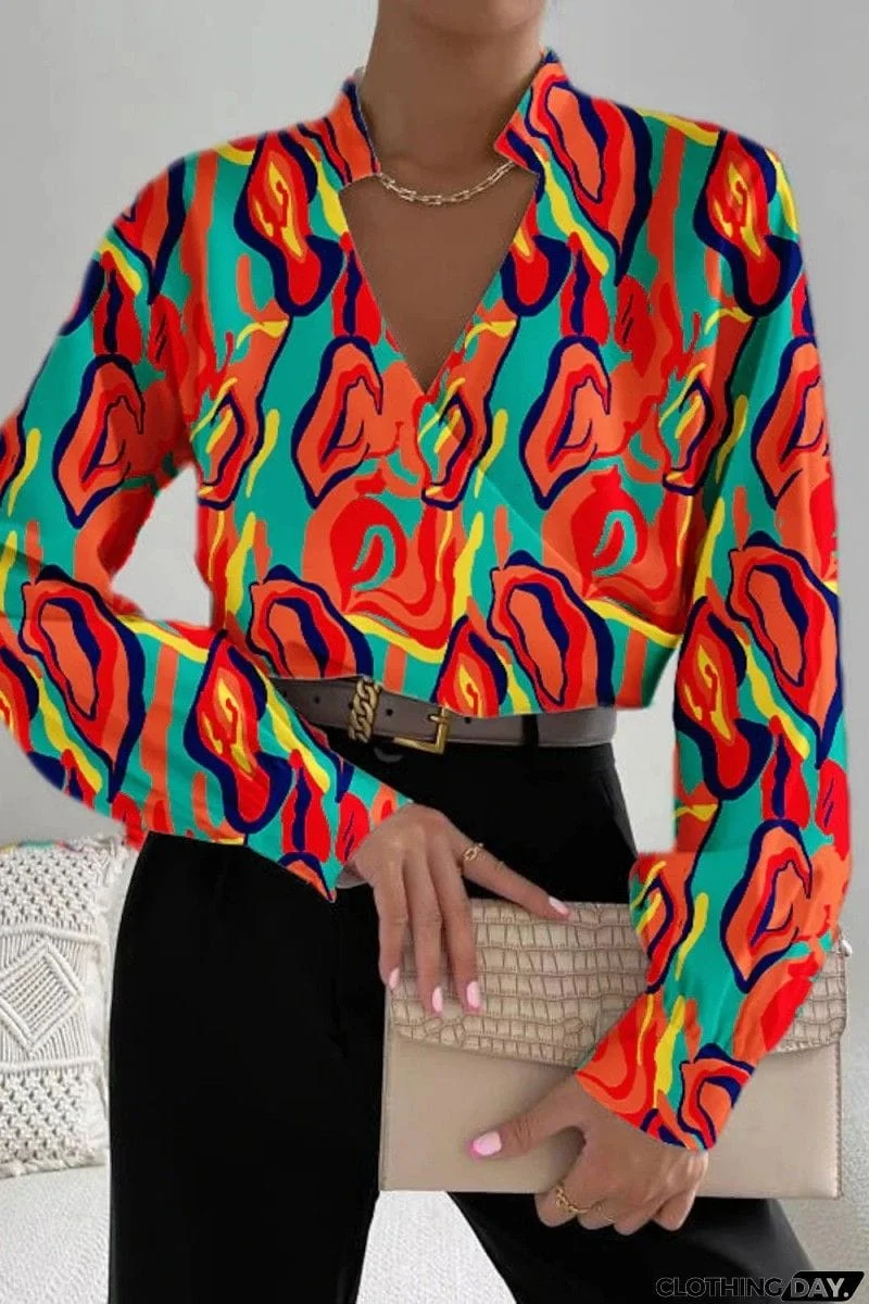 Casual Print Patchwork V Neck Tops