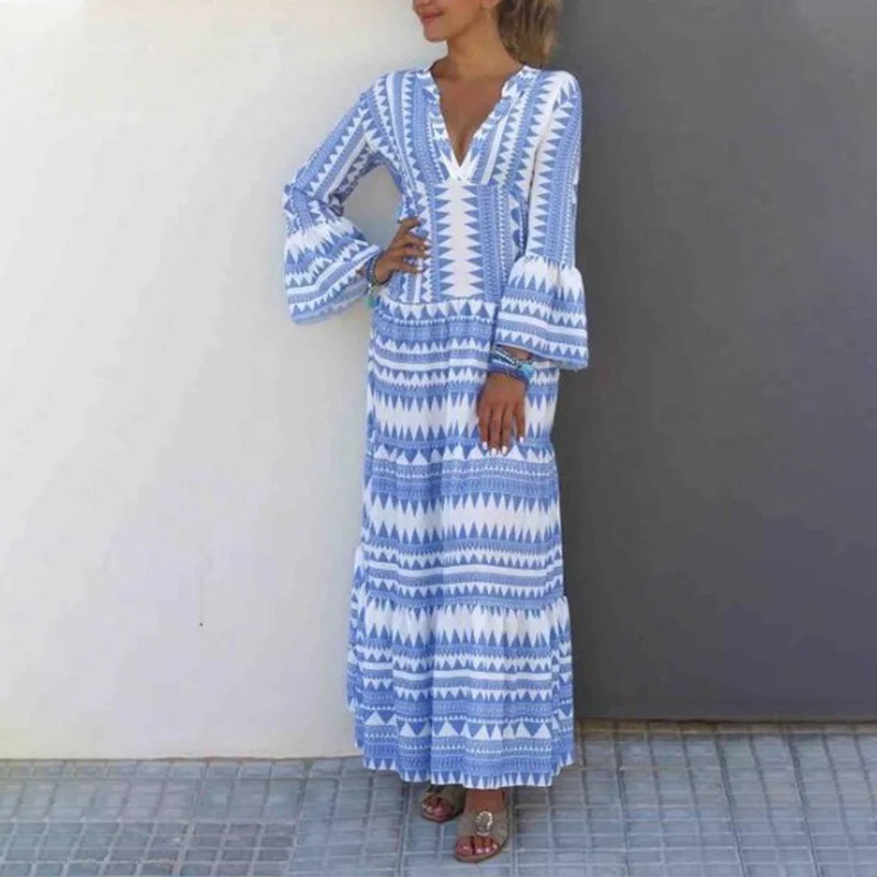 Boho V-neck Print Long Sleeve Dress