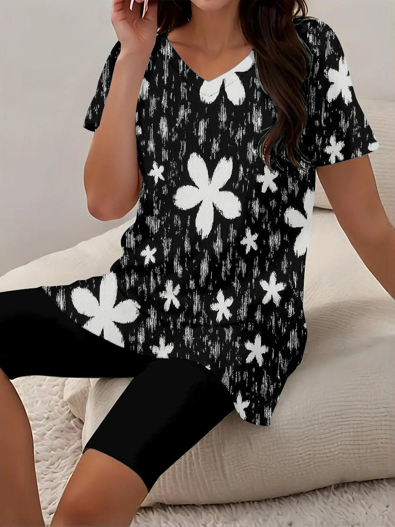 Women Long Sleeve V-neck Graphic Floral Printed Top